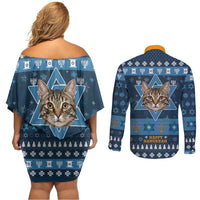 Happy Hanukcat Christmas Design Couples Matching Off Shoulder Short Dress and Long Sleeve Button Shirt Xmas Holiday Patterns - Wonder Print Shop