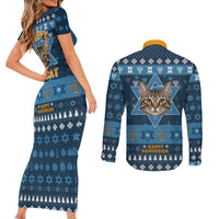 Happy Hanukcat Christmas Design Couples Matching Short Sleeve Bodycon Dress and Long Sleeve Button Shirt Xmas Holiday Patterns - Wonder Print Shop