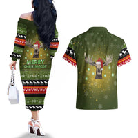 Merry ChristMoose Christmas Couples Matching Off The Shoulder Long Sleeve Dress and Hawaiian Shirt Xmas Holiday Patterns - Wonder Print Shop