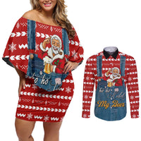 Ho Ho Hold My Beer Santa Christmas Design Couples Matching Off Shoulder Short Dress and Long Sleeve Button Shirt Xmas Holiday Patterns - Wonder Print Shop