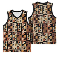 Kuba Flow Basketball Jersey with Geometric Tribal Blocks and Earth-Tone Mosaic Design - Wonder Print Shop