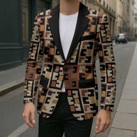 Kuba Flow Blazer with Geometric Tribal Blocks and Earth-Tone Mosaic Design - Wonder Print Shop
