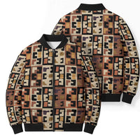 Kuba Flow Bomber Puffer Jacket with Geometric Tribal Blocks and Earth-Tone Mosaic Design - Wonder Print Shop