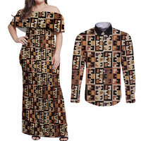 Kuba Flow Couples Matching Off Shoulder Maxi Dress and Long Sleeve Button Shirt with Geometric Tribal Blocks and Earth-Tone Mosaic Design - Wonder Print Shop