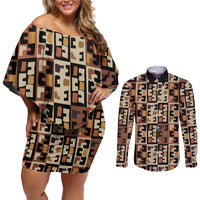 Kuba Flow Couples Matching Off Shoulder Short Dress and Long Sleeve Button Shirt with Geometric Tribal Blocks and Earth-Tone Mosaic Design - Wonder Print Shop