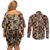 Kuba Flow Couples Matching Off Shoulder Short Dress and Long Sleeve Button Shirt with Geometric Tribal Blocks and Earth-Tone Mosaic Design - Wonder Print Shop