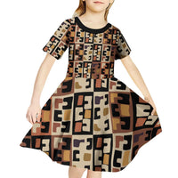 Kuba Flow Kid Short Sleeve Dress with Geometric Tribal Blocks and Earth-Tone Mosaic Design - Wonder Print Shop