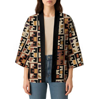 Kuba Flow Kimono with Geometric Tribal Blocks and Earth-Tone Mosaic Design - Wonder Print Shop