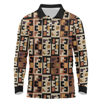 Kuba Flow Long Sleeve Polo Shirt with Geometric Tribal Blocks and Earth-Tone Mosaic Design - Wonder Print Shop