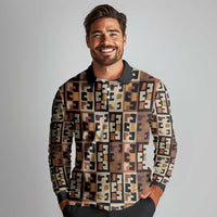 Kuba Flow Long Sleeve Polo Shirt with Geometric Tribal Blocks and Earth-Tone Mosaic Design - Wonder Print Shop