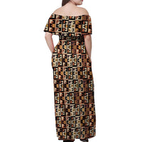 Kuba Flow Off Shoulder Maxi Dress with Geometric Tribal Blocks and Earth-Tone Mosaic Design - Wonder Print Shop