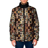 Kuba Flow Padded Jacket with Geometric Tribal Blocks and Earth-Tone Mosaic Design - Wonder Print Shop