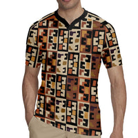 Kuba Flow Rugby Jersey with Geometric Tribal Blocks and Earth-Tone Mosaic Design - Wonder Print Shop