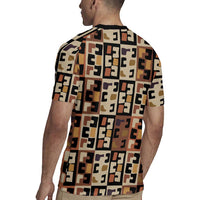 Kuba Flow Rugby Jersey with Geometric Tribal Blocks and Earth-Tone Mosaic Design - Wonder Print Shop