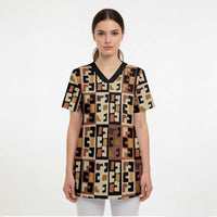 Kuba Flow Scrub Top with Geometric Tribal Blocks and Earth-Tone Mosaic Design - Wonder Print Shop