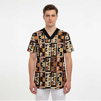 Kuba Flow Scrub Top with Geometric Tribal Blocks and Earth-Tone Mosaic Design - Wonder Print Shop