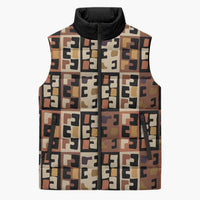 Kuba Flow Sleeveless Puffer Jacket with Geometric Tribal Blocks and Earth-Tone Mosaic Design - Wonder Print Shop