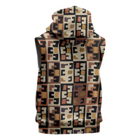 Kuba Flow Sleeveless Zip Hoodie with Geometric Tribal Blocks and Earth-Tone Mosaic Design - Wonder Print Shop