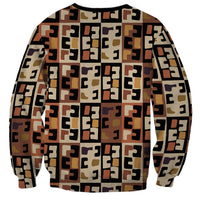 Kuba Flow Sweatshirt with Geometric Tribal Blocks and Earth-Tone Mosaic Design - Wonder Print Shop