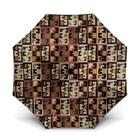 Kuba Flow Umbrella with Geometric Tribal Blocks and Earth-Tone Mosaic Design - Wonder Print Shop