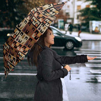Kuba Flow Umbrella with Geometric Tribal Blocks and Earth-Tone Mosaic Design - Wonder Print Shop