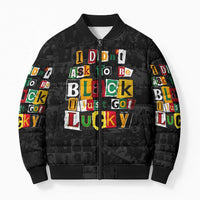I Didn't Ask To Be Black I Just Got Lucky Magazine Cutout Bomber Puffer Jacket with Ancestral Portrait Collage Lettering - Wonder Print Shop