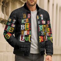 I Didn't Ask To Be Black I Just Got Lucky Magazine Cutout Bomber Puffer Jacket with Ancestral Portrait Collage Lettering - Wonder Print Shop
