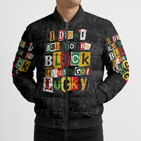 I Didn't Ask To Be Black I Just Got Lucky Magazine Cutout Bomber Puffer Jacket with Ancestral Portrait Collage Lettering - Wonder Print Shop