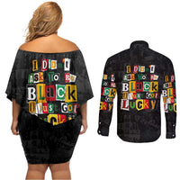 I Didn't Ask To Be Black I Just Got Lucky Magazine Cutout Couples Matching Off Shoulder Short Dress and Long Sleeve Button Shirt with Ancestral Portrait Collage Lettering - Wonder Print Shop