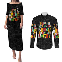 I Didn't Ask To Be Black I Just Got Lucky Magazine Cutout Couples Matching Puletasi and Long Sleeve Button Shirt with Ancestral Portrait Collage Lettering - Wonder Print Shop