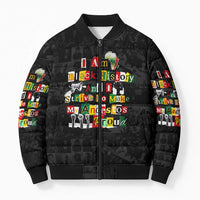 I Am Black History And I Strive To Make My Ancestor Proud Bomber Puffer Jacket with Ancestral Collage Background and Afrocentric Lettering - Wonder Print Shop