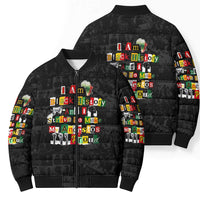 I Am Black History And I Strive To Make My Ancestor Proud Bomber Puffer Jacket with Ancestral Collage Background and Afrocentric Lettering - Wonder Print Shop