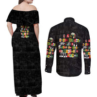 I Am Black History And I Strive To Make My Ancestor Proud Couples Matching Off Shoulder Maxi Dress and Long Sleeve Button Shirt with Ancestral Collage Background and Afrocentric Lettering - Wonder Print Shop