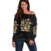 I Am Black History And I Strive To Make My Ancestor Proud Off Shoulder Sweater with Ancestral Collage Background and Afrocentric Lettering - Wonder Print Shop