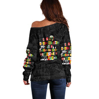 I Am Black History And I Strive To Make My Ancestor Proud Off Shoulder Sweater with Ancestral Collage Background and Afrocentric Lettering - Wonder Print Shop
