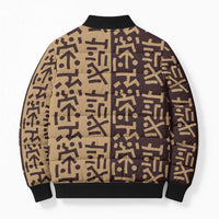 Tribe Script Bomber Puffer Jacket with Bold Mudcloth Symbols and Brown Tan Split Design - Wonder Print Shop