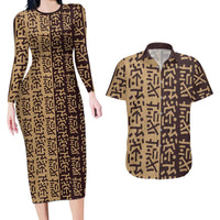 Tribe Script Couples Matching Long Sleeve Bodycon Dress and Hawaiian Shirt with Bold Mudcloth Symbols and Brown Tan Split Design - Wonder Print Shop