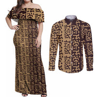Tribe Script Couples Matching Off Shoulder Maxi Dress and Long Sleeve Button Shirt with Bold Mudcloth Symbols and Brown Tan Split Design - Wonder Print Shop