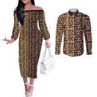 Tribe Script Couples Matching Off The Shoulder Long Sleeve Dress and Long Sleeve Button Shirt with Bold Mudcloth Symbols and Brown Tan Split Design - Wonder Print Shop