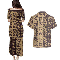 Tribe Script Couples Matching Puletasi and Hawaiian Shirt with Bold Mudcloth Symbols and Brown Tan Split Design - Wonder Print Shop