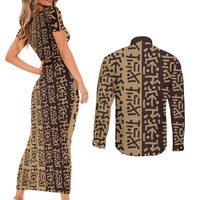 Tribe Script Couples Matching Short Sleeve Bodycon Dress and Long Sleeve Button Shirt with Bold Mudcloth Symbols and Brown Tan Split Design - Wonder Print Shop