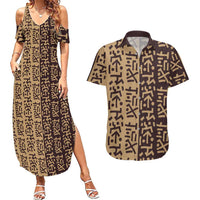 Tribe Script Couples Matching Summer Maxi Dress and Hawaiian Shirt with Bold Mudcloth Symbols and Brown Tan Split Design - Wonder Print Shop
