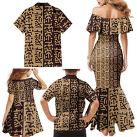 Tribe Script Family Matching Mermaid Dress and Hawaiian Shirt with Bold Mudcloth Symbols and Brown Tan Split Design - Wonder Print Shop