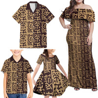 Tribe Script Family Matching Off Shoulder Maxi Dress and Hawaiian Shirt with Bold Mudcloth Symbols and Brown Tan Split Design - Wonder Print Shop