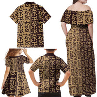 Tribe Script Family Matching Off Shoulder Maxi Dress and Hawaiian Shirt with Bold Mudcloth Symbols and Brown Tan Split Design - Wonder Print Shop
