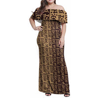 Tribe Script Family Matching Off Shoulder Maxi Dress and Hawaiian Shirt with Bold Mudcloth Symbols and Brown Tan Split Design - Wonder Print Shop