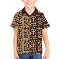 Tribe Script Family Matching Off Shoulder Maxi Dress and Hawaiian Shirt with Bold Mudcloth Symbols and Brown Tan Split Design - Wonder Print Shop