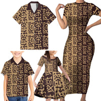 Tribe Script Family Matching Short Sleeve Bodycon Dress and Hawaiian Shirt with Bold Mudcloth Symbols and Brown Tan Split Design - Wonder Print Shop