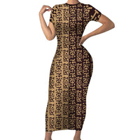 Tribe Script Family Matching Short Sleeve Bodycon Dress and Hawaiian Shirt with Bold Mudcloth Symbols and Brown Tan Split Design - Wonder Print Shop