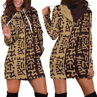 Tribe Script Hoodie Dress with Bold Mudcloth Symbols and Brown Tan Split Design - Wonder Print Shop